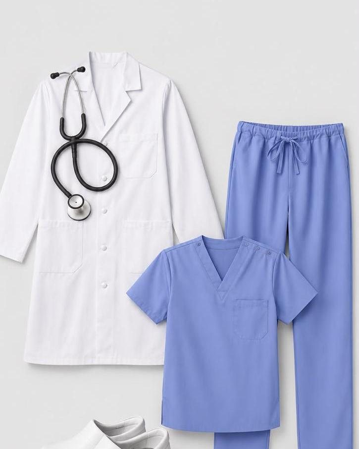 White lab coat with stethoscope, a matching blue scrub top and trousers, and white clogs, laid out flat